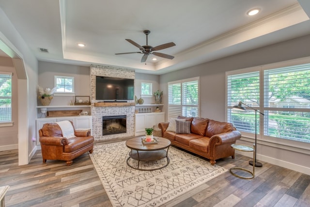 living room featuring hardwood / wood-style floors, a large fireplace, a raised ceiling, and plenty of natural light