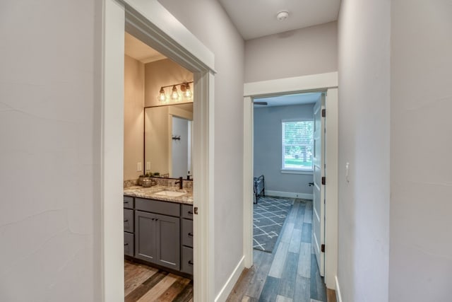 hall with wood-type flooring and sink