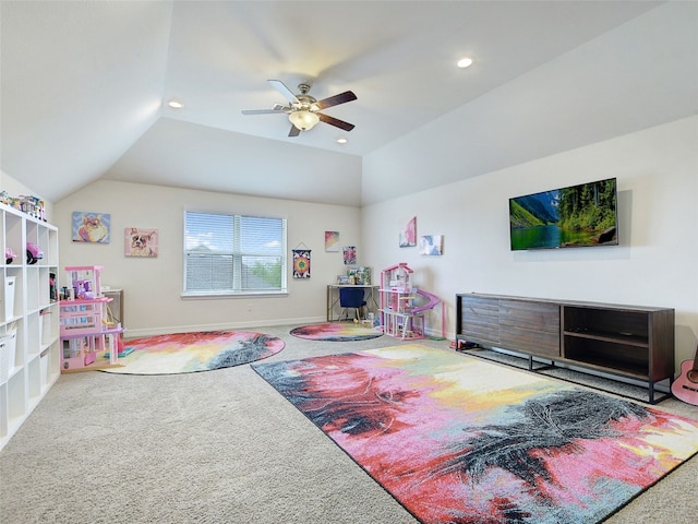 game room with lofted ceiling, carpet flooring, and ceiling fan