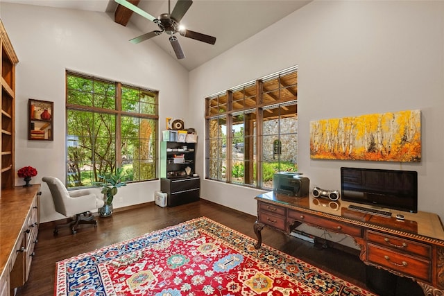 office with ceiling fan, vaulted ceiling with beams, and dark hardwood / wood-style flooring