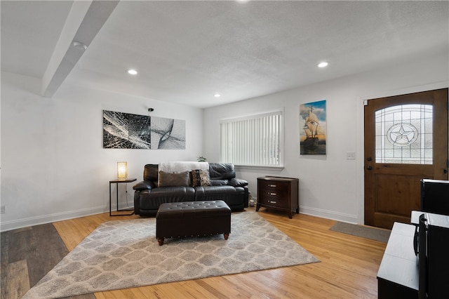 living room with a textured ceiling and light wood-type flooring