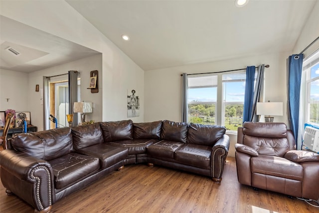 living room featuring lofted ceiling and hardwood / wood-style flooring