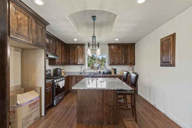 kitchen featuring hanging light fixtures, a kitchen island, dark hardwood / wood-style floors, light stone countertops, and stainless steel range with gas cooktop