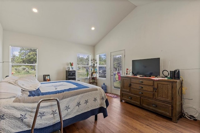 222 Pope Bnd N, Cedar Creek, TX 78612 - bedroom featuring access to outside, wood finished floors, high vaulted ceiling, and recessed lighting