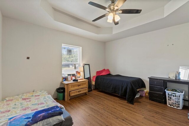 222 Pope Bnd N, Cedar Creek, TX 78612 - bedroom featuring a raised ceiling, wood finished floors, and a ceiling fan