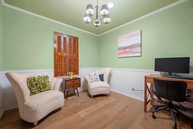 office featuring ornamental molding, light hardwood / wood-style floors, and a notable chandelier