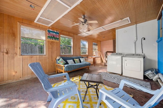 interior space with separate washer and dryer, wooden ceiling, and ceiling fan