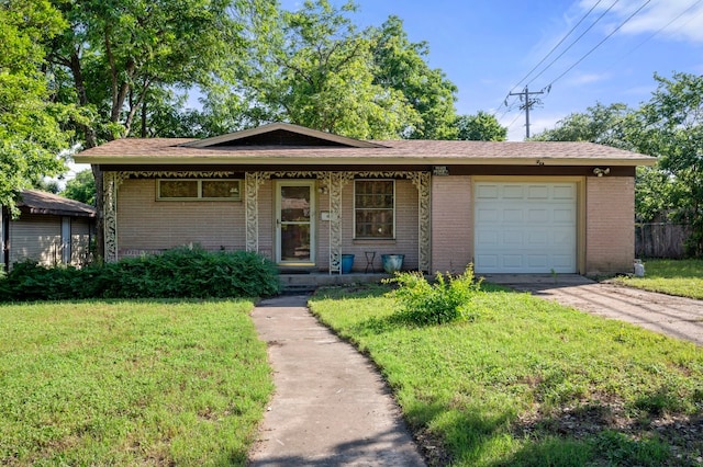 ranch-style home with a garage and a front lawn