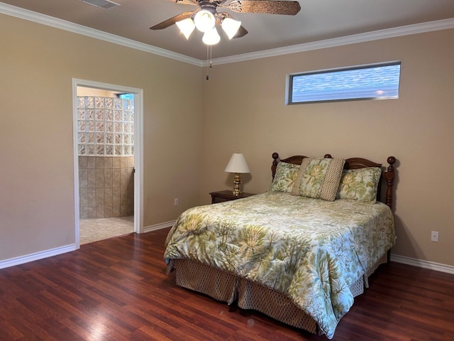 bedroom featuring ensuite bath, ceiling fan, crown molding, and dark hardwood / wood-style floors