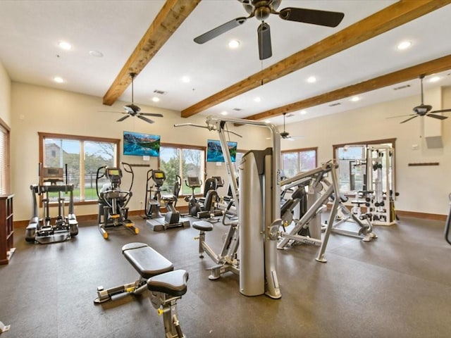 exercise room with ceiling fan