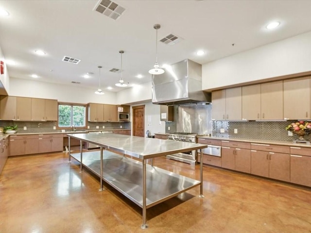 kitchen featuring backsplash, island range hood, stainless steel appliances, a spacious island, and decorative light fixtures