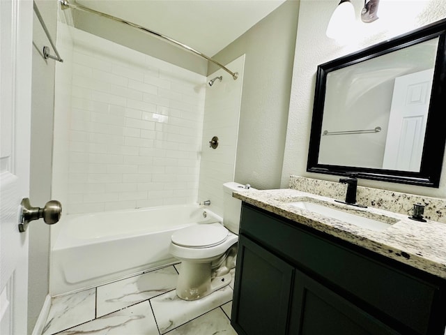 full bathroom with tile floors, oversized vanity, toilet, and tiled shower / bath combo