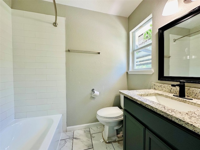 full bathroom with tiled shower / bath combo, tile flooring, toilet, and vanity