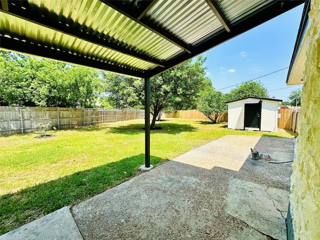 view of yard featuring a shed and a patio