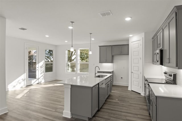 kitchen featuring an island with sink, sink, decorative light fixtures, gray cabinets, and stainless steel appliances