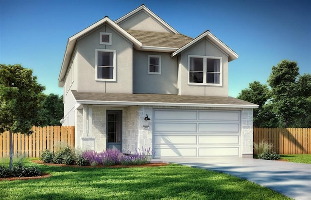 view of front facade featuring a garage and a front lawn