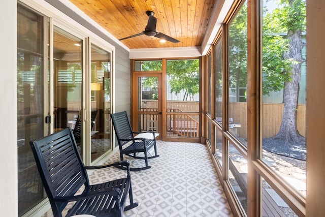 sunroom featuring ceiling fan and wood ceiling