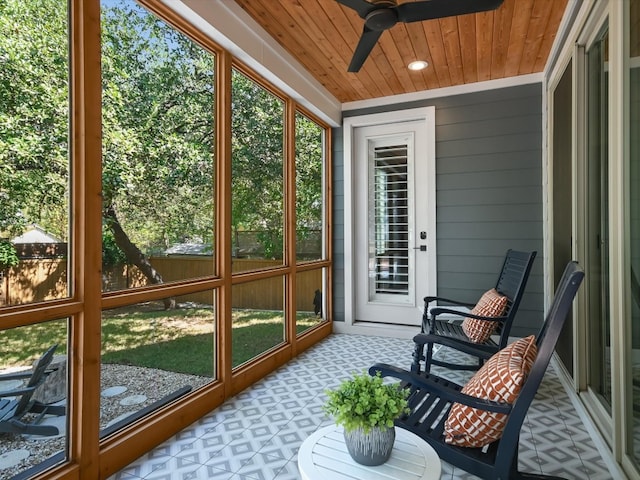 sunroom / solarium featuring ceiling fan and wood ceiling