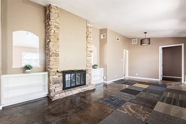 living room with a fireplace and vaulted ceiling