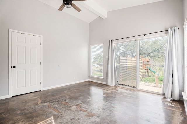 unfurnished room with lofted ceiling with beams, concrete floors, and ceiling fan