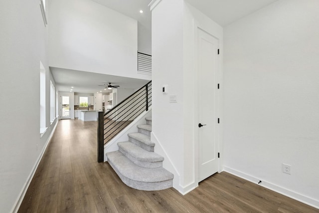 stairs featuring ceiling fan and hardwood / wood-style floors