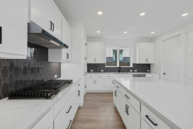 kitchen with light stone countertops, sink, light hardwood / wood-style floors, and white cabinets