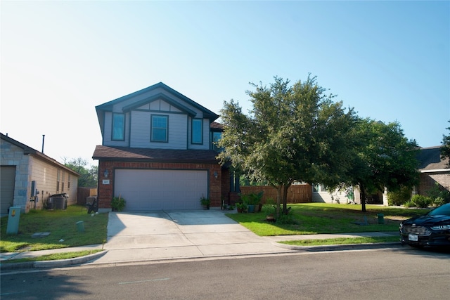 view of front of house with central AC unit, a garage, and a front lawn