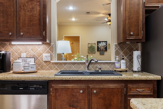 kitchen featuring tasteful backsplash, sink, ceiling fan, stainless steel dishwasher, and ornamental molding