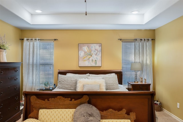 carpeted bedroom with a skylight