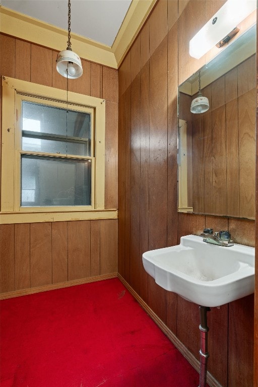 bathroom with sink and wooden walls