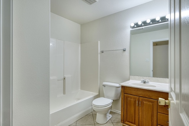 full bathroom with oversized vanity, tile floors, toilet, and  shower combination