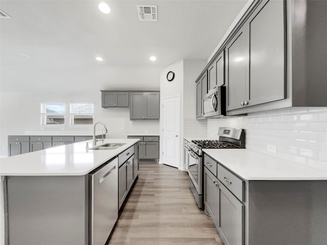 kitchen with light hardwood / wood-style flooring, tasteful backsplash, a kitchen island with sink, sink, and appliances with stainless steel finishes