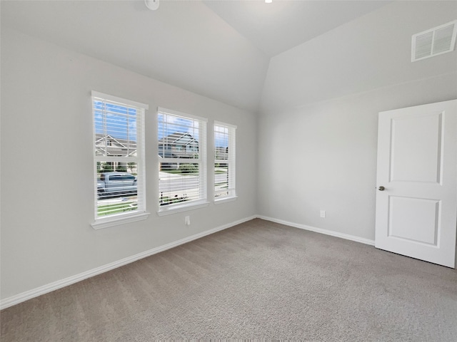 carpeted spare room featuring a wealth of natural light and lofted ceiling