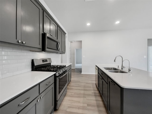 kitchen with light hardwood / wood-style floors, tasteful backsplash, an island with sink, sink, and appliances with stainless steel finishes