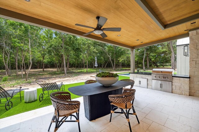 view of patio / terrace with ceiling fan, sink, exterior kitchen, and grilling area