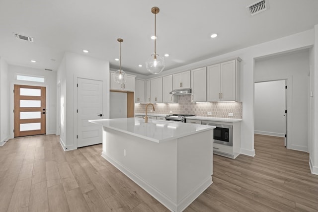 kitchen with a center island with sink, light hardwood / wood-style flooring, sink, stainless steel range oven, and white cabinets