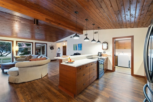 kitchen featuring washer / dryer, vaulted ceiling with beams, wood ceiling, dark wood-type flooring, and electric stove