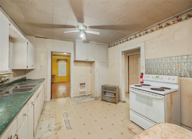 kitchen with white cabinetry, white range with electric stovetop, sink, light tile flooring, and ceiling fan