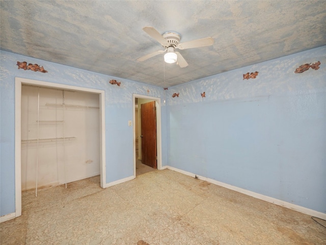 unfurnished bedroom with tile floors, a closet, and ceiling fan