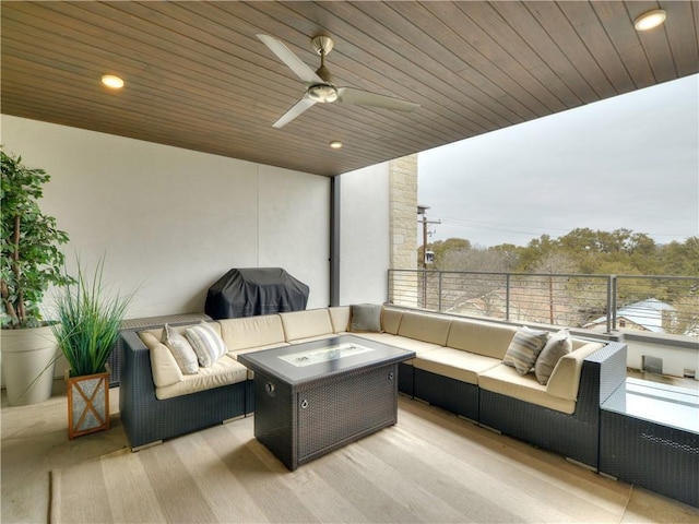 view of patio / terrace featuring ceiling fan, area for grilling, and an outdoor living space