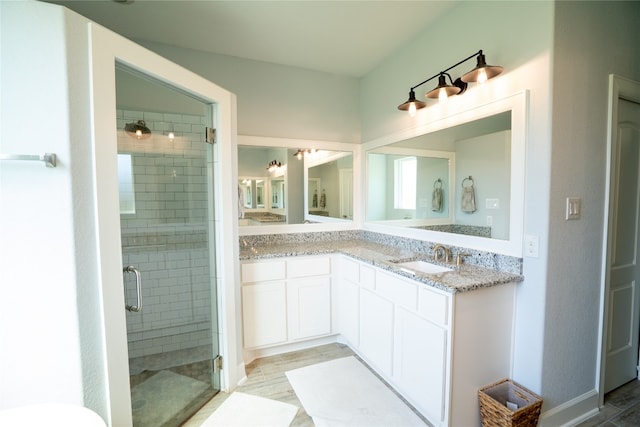 bathroom with vanity, hardwood / wood-style floors, and a shower with door