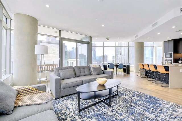 living room with a wealth of natural light and light hardwood / wood-style floors