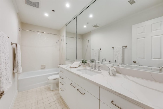 full bath with tile patterned flooring, visible vents, toilet, and shower / bathtub combination