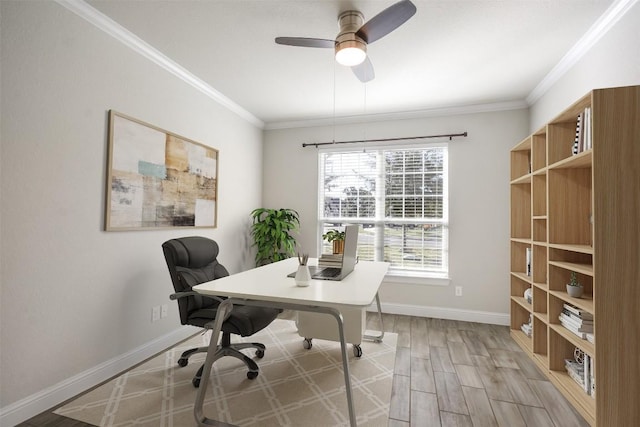 office with ceiling fan, ornamental molding, and light hardwood / wood-style flooring