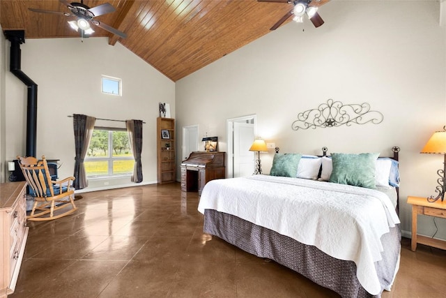 bedroom featuring a wood stove, ceiling fan, beamed ceiling, and high vaulted ceiling