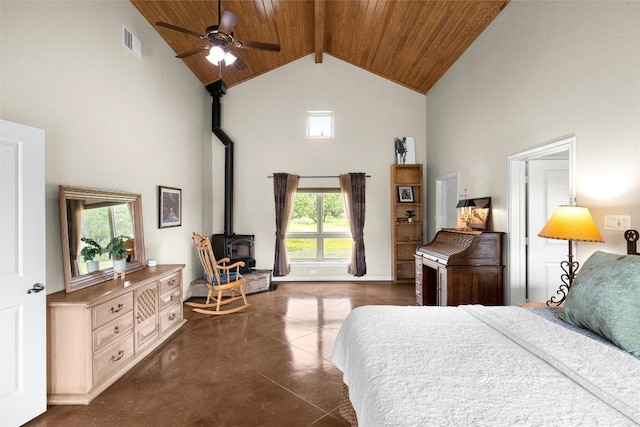 bedroom with ceiling fan, a wood stove, high vaulted ceiling, and wooden ceiling