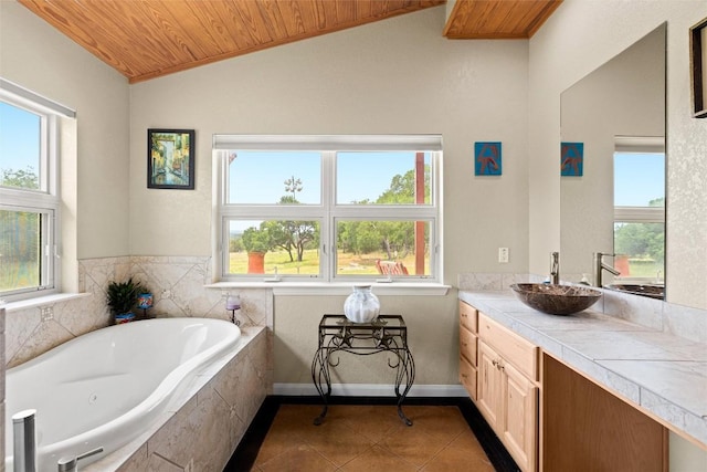 bathroom with tile patterned floors, vanity, tiled tub, wooden ceiling, and lofted ceiling