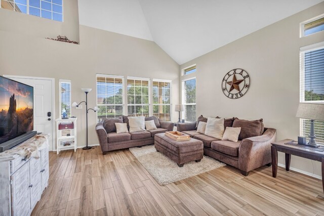 living room featuring light hardwood / wood-style floors and high vaulted ceiling