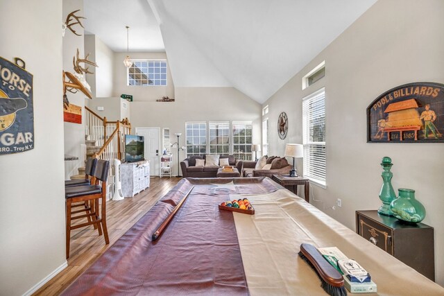 living room with wood-type flooring and high vaulted ceiling