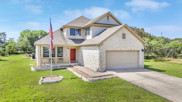 traditional home with concrete driveway, stone siding, roof with shingles, a porch, and a front yard